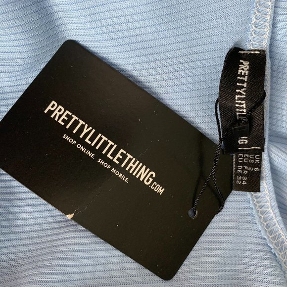 Pretty Little Thing Tie Front Crop Top 2 Baby Blue Ribbed Knit Long Sleeves NEW - Picture 4 of 4